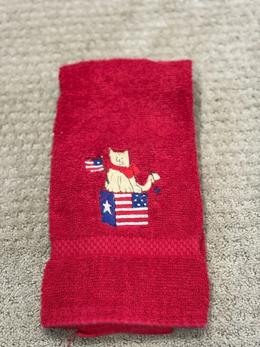 St Mary’s Red Hand Towel with Patriotic Cat Embroidery